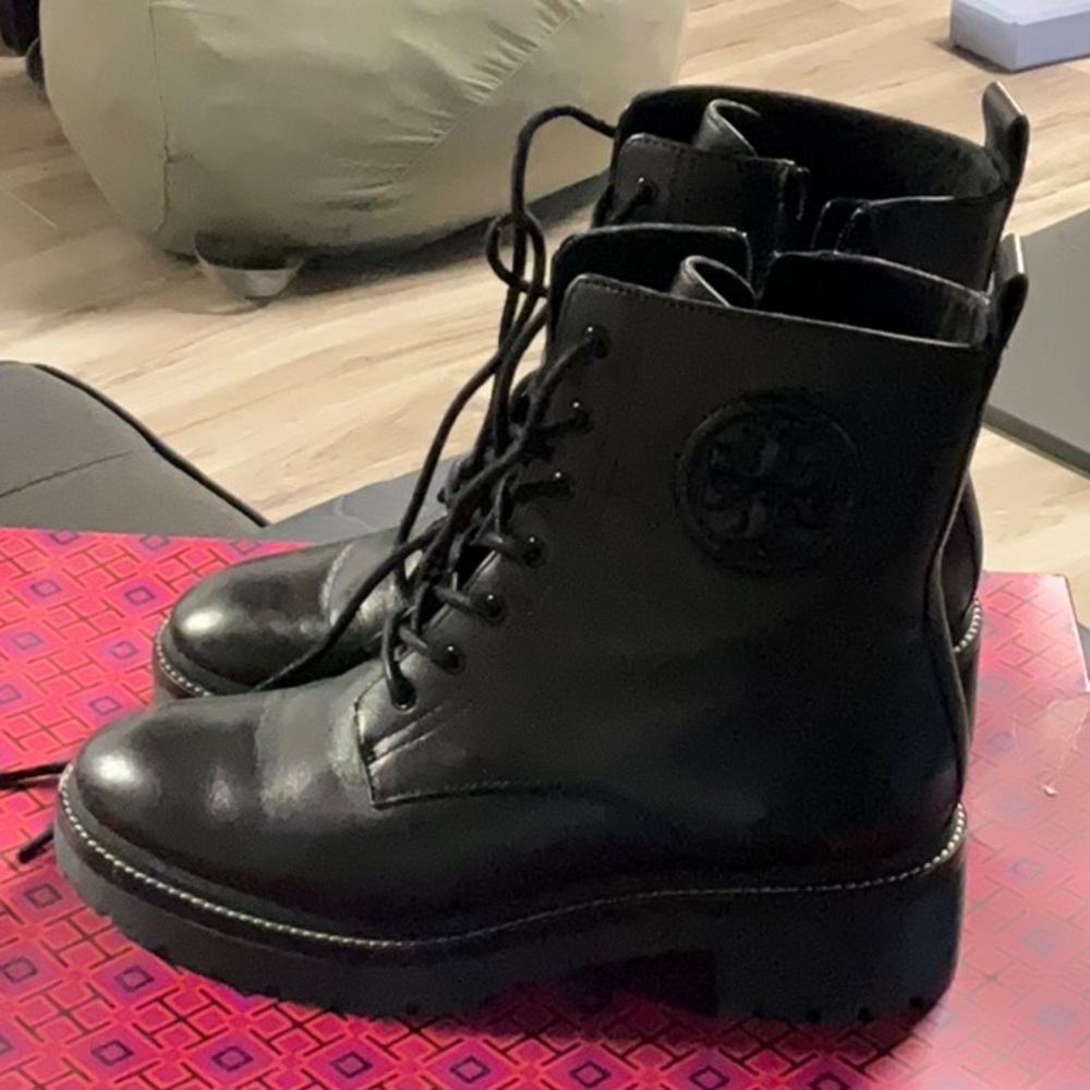 Tory Burch Black Leather Lace-Up Boots